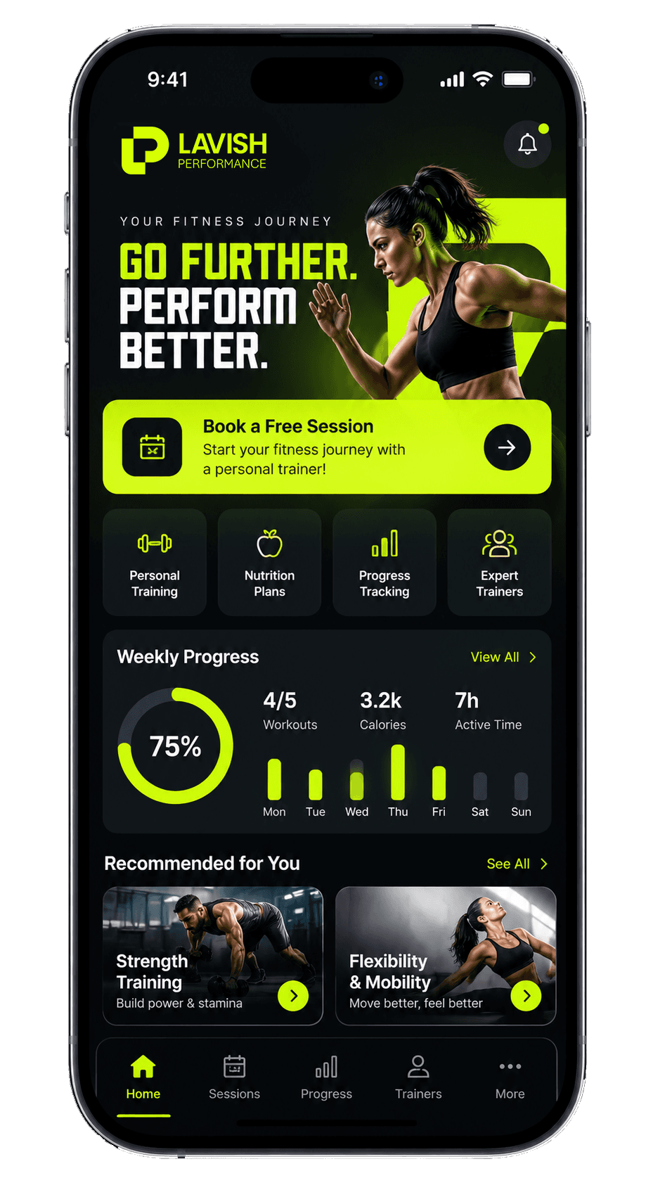 Lavish Performance fitness app displayed on a smartphone